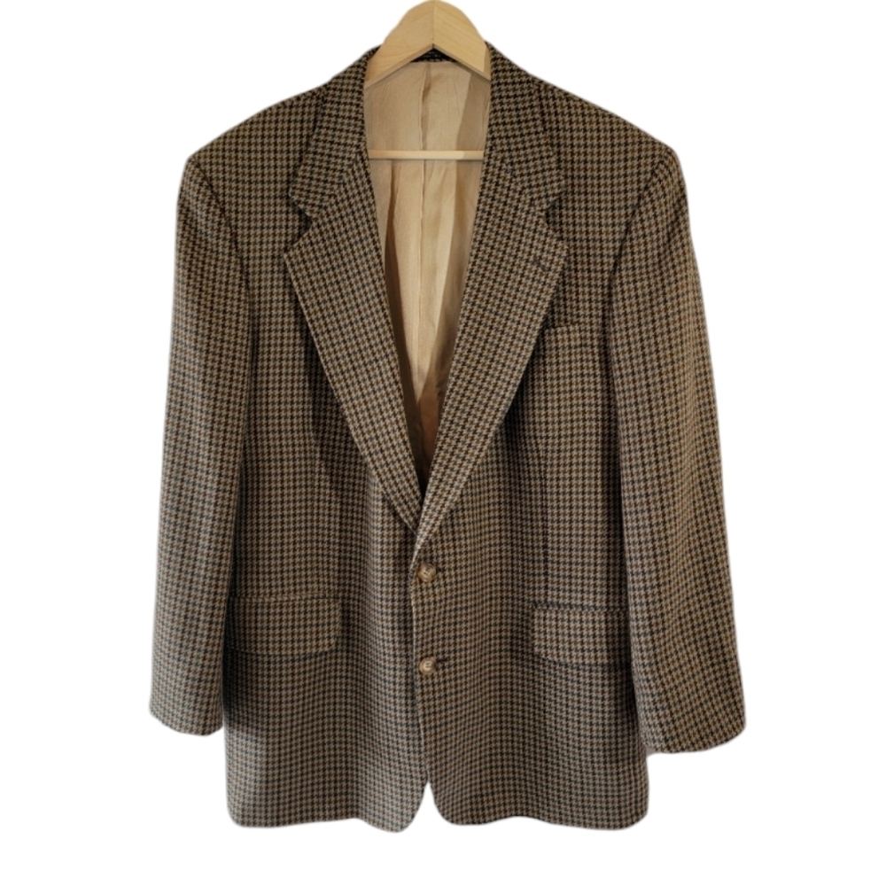 VTG Oscar De La Renta Men's Tan Houndstooth Sport Coat Sz 40R Beige Wool Office